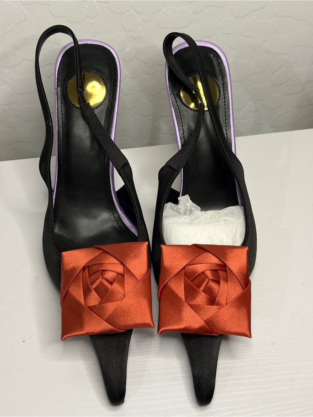 Black Slingback Heels with Rust Satin Rosette Accent - Picture 4 of 6